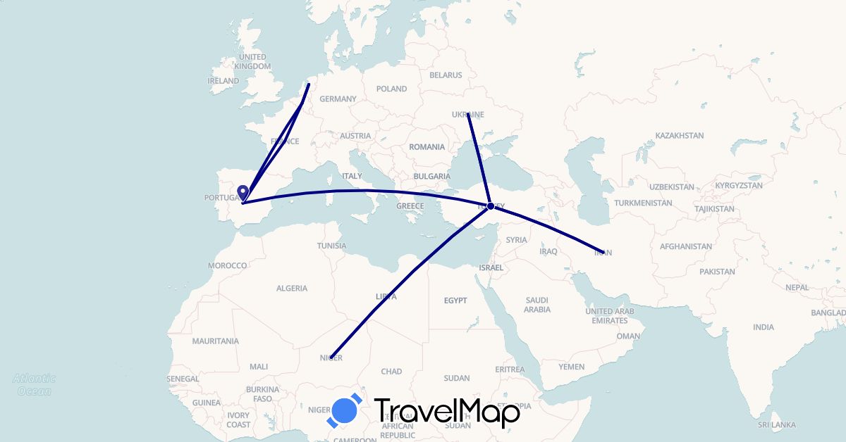 TravelMap itinerary: driving in Belgium, Spain, France, Iran, Niger, Netherlands, Turkey, Ukraine (Africa, Asia, Europe)